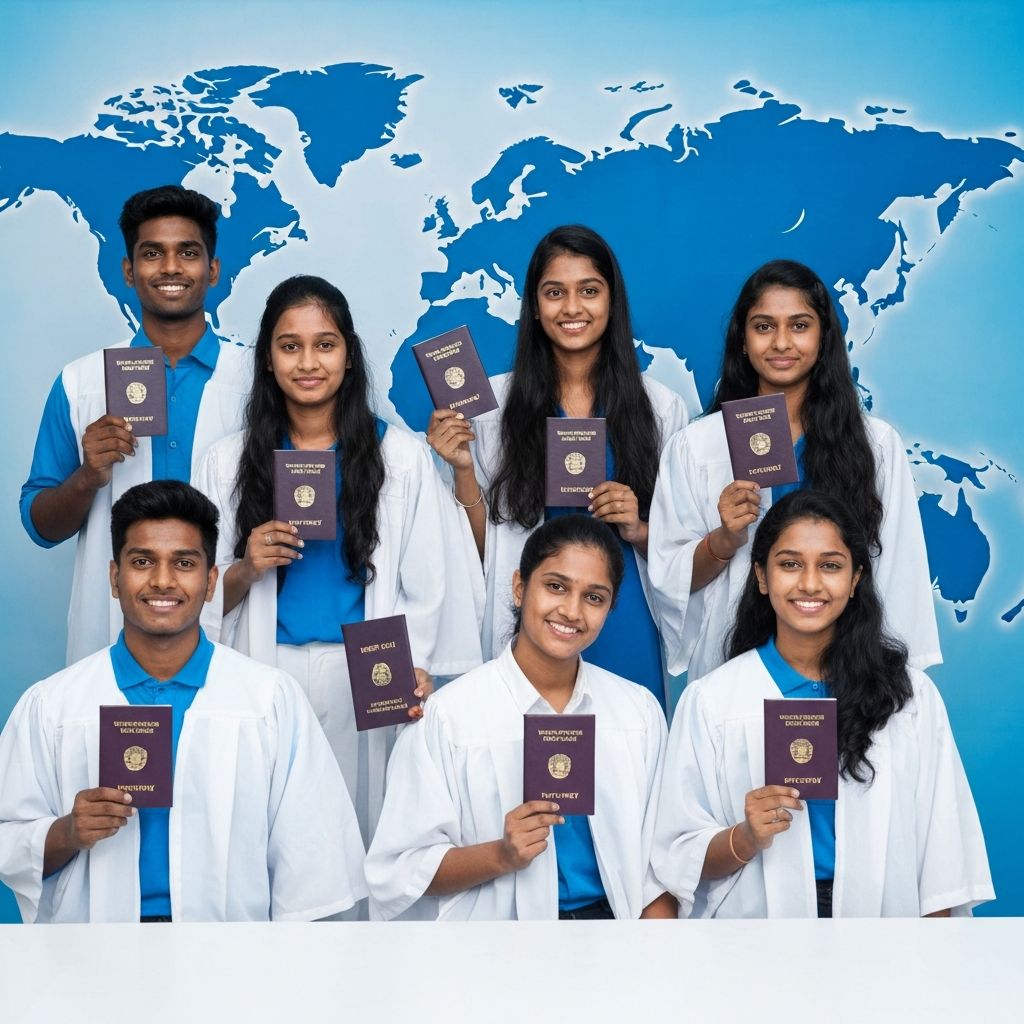 Students with passports and graduation caps